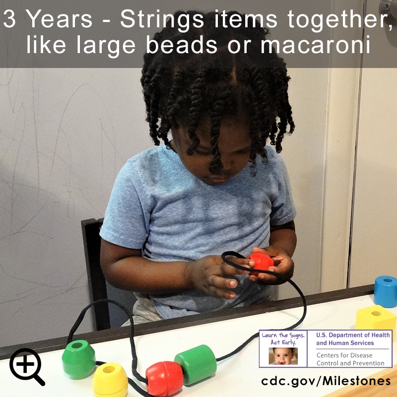 Strings items together, like large beads or macaroni