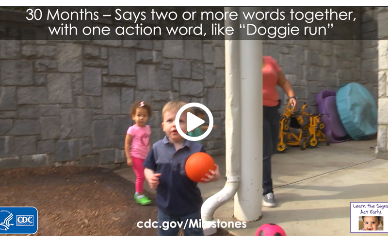 Says two or more words together, with one action word, like “Doggie run”