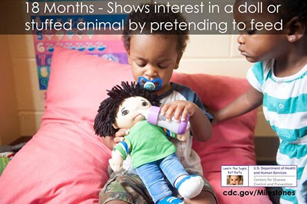 Shows interest in a doll or stuffed animal by pretending to feed