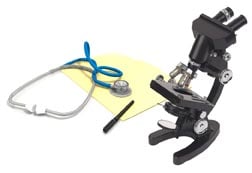 Microscope, stethescope, and notepad