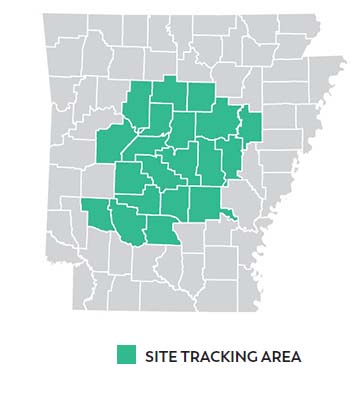 Map of Arkansas with site areas in green