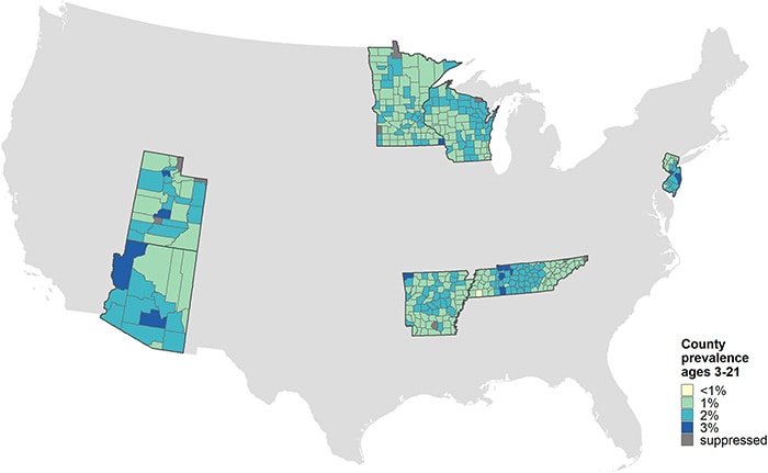 County-level ASD prevalence map
