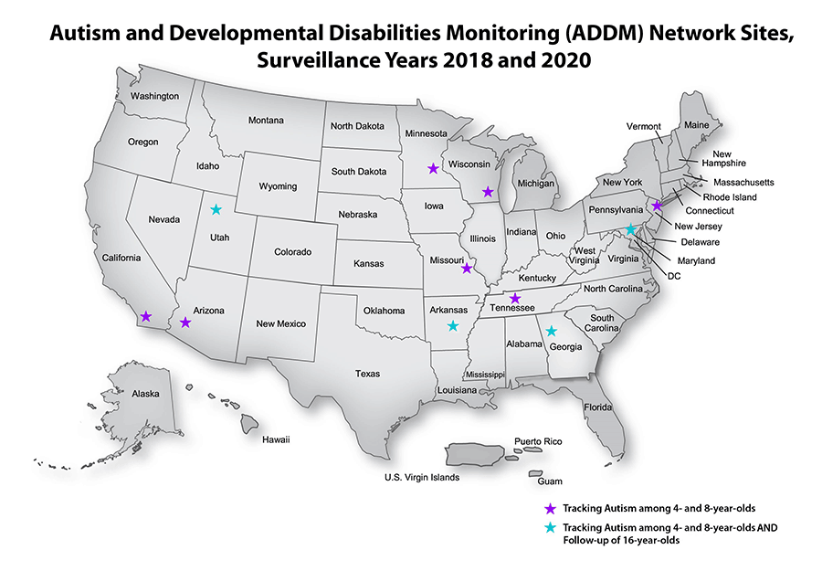 Map of Autism and Developmental Disabilities Monitoring (ADDM) Network Sites, Surveillance Years 2018 and 2020. Arizona, California, Maryland, Minnesota, Missouri, New Jersey, Tennessee and Wisconsin track Autism among 4- and 8-year olds. Arkansas, Georgia and Utah track Autism among 4- and 8-year olds and follow-up on 16-year olds.