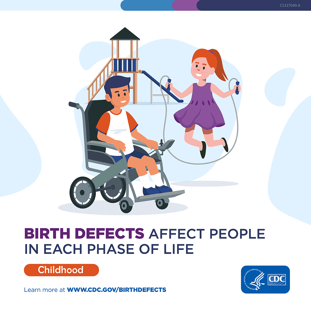 Illustration of children playing together. Including a child in a wheelchair. Birth defects affect people in each phase of life. Childhood. Learn more at www.cdc.gov/birthdefects