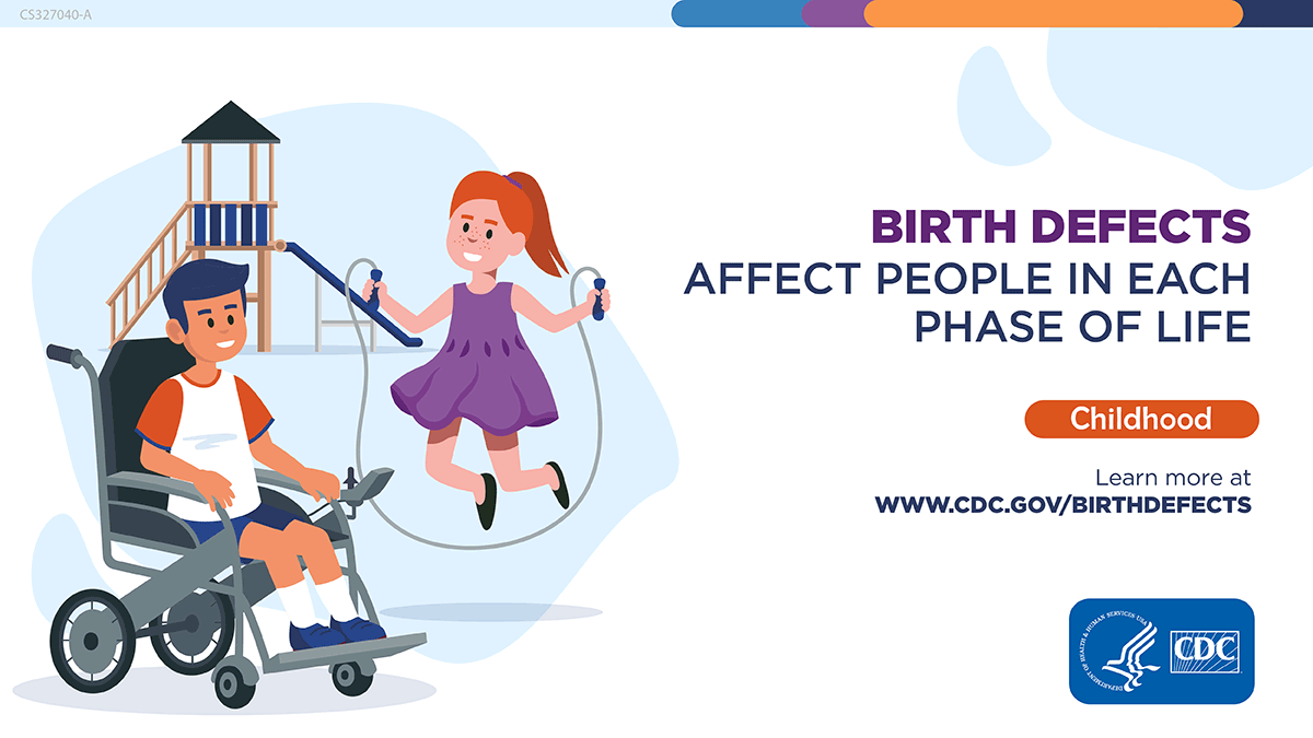 Illustration of children playing together. Including a child in a wheelchair. Birth defects affect people in each phase of life. Childhood. Learn more at www.cdc.gov/birthdefects