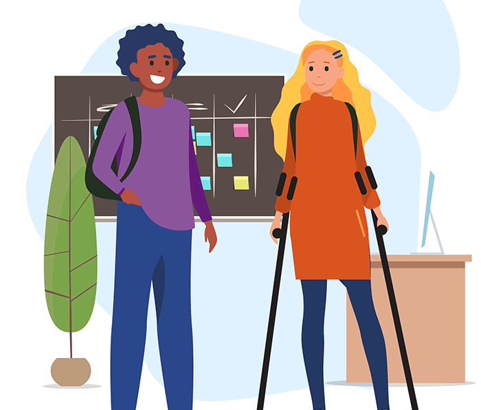 Illustration of two young adults in front of a blackboard. A young woman using assistive walking canes.