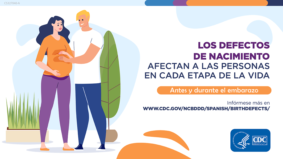 Spanish language Illustration of two happy babies. Birth defects affect people in each phase of life. Infancy. Learn more at www.cdc.gov/birthdefects