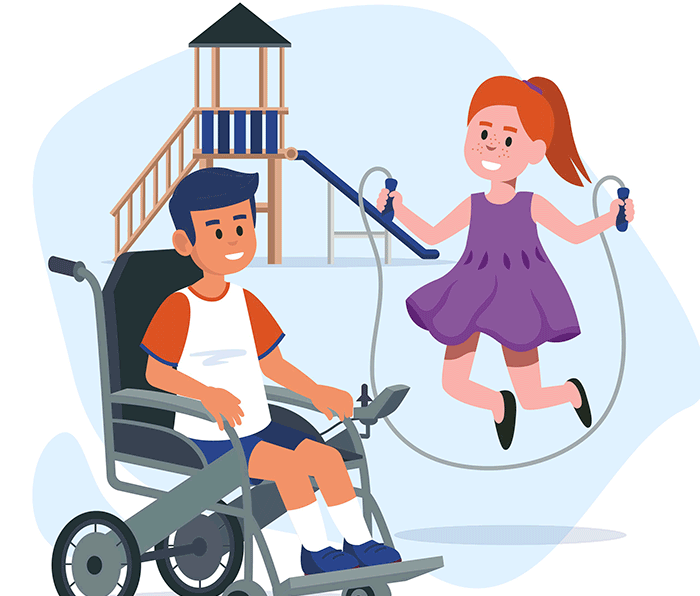 Illustration of children playing together. One child in a wheelchair the other jumping rope.