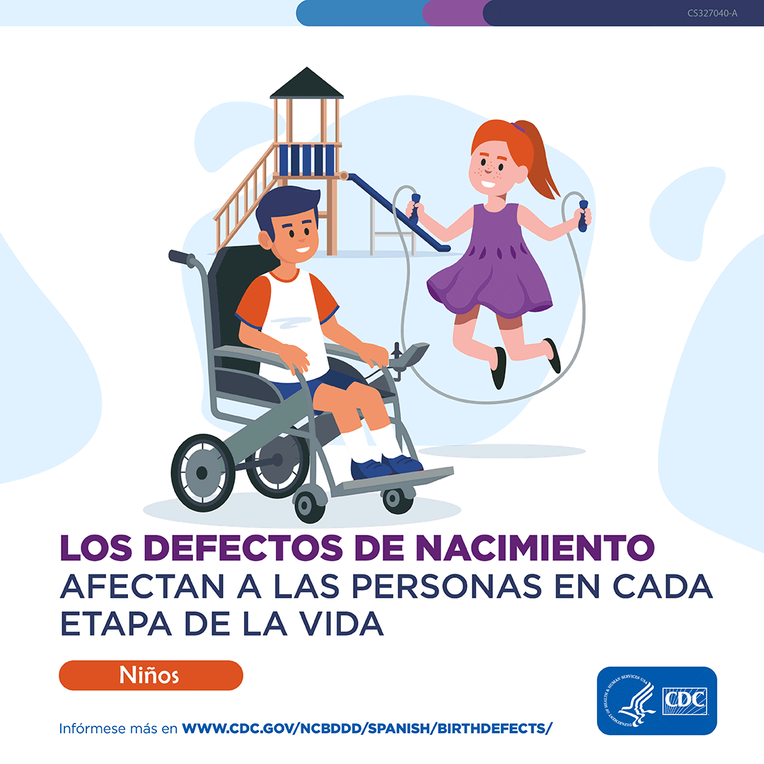 Spanish language: Illustration of children playing together. Including a child in a wheelchair. Birth defects affect people in each phase of life. Childhood. Learn more at www.cdc.gov/birthdefects