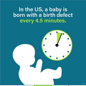 Graphic of a baby and a clock. In the U.S., a baby is born with a birth defect every 4.5 minutes.