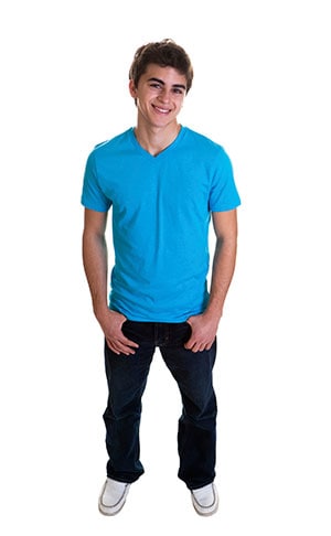 A teenage boy wearing a blue shirt
