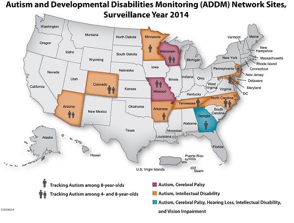 Current ADDM Network Sites Map in the United States, Surveillance Year 2014