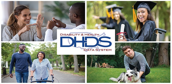 Photo collage showing diverse group of people with disabilities. Disability and Health Data System. DHDS.