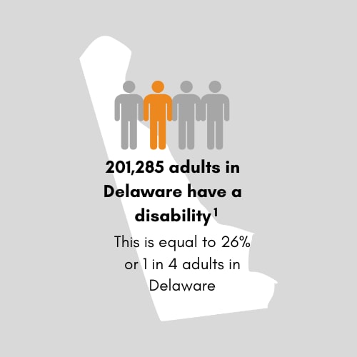 198,284 adults in Delaware have a disability. This is equal to 25 percentor 1 in 4 adults in Delaware.
