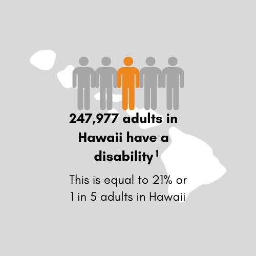 258,555 adults in Hawaii have a disability. This is equal to 22 percent or 1 in 4 adults in Hawaii.