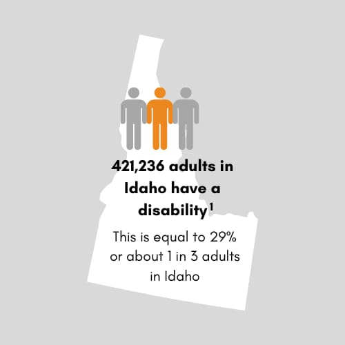 369,360 adults in Idaho have a disability. This is equal to 27percent or 1 in 4 adults in Idaho.