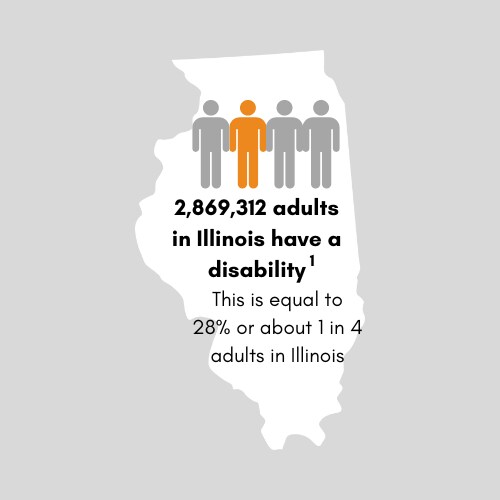 2,320,119 adults in Illinois have a disability. This is equal to 23% or 1 in 4 adults in Illinois.