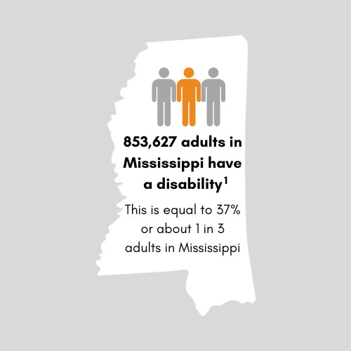 816,793 adults in Mississippi have a disability. This is equal to 35 percent or 1 in 3 adults in Mississippi.