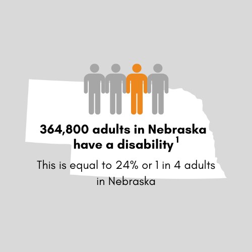 334,062 adults in Nebraska have a disability. This is equal to 22 percent or 1 in 5 adults in Nebraska.