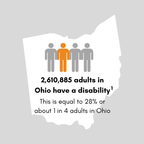 2,626,873 adults in Ohio have a disability. This is equal to 28 percent or 1 in 4 adults in Ohio.