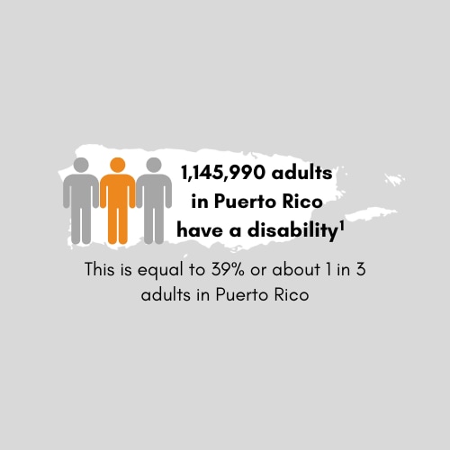 1,197,085 adults in Puerto Rico have a disability. This is equal to 42 percent or 1 in 3 adults in Puerto Rico.