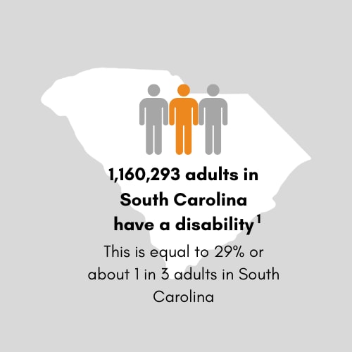 1,216,011 adults in South Carolina have a disability. This is equal to 30 percent or 1 in 3 adults in South Carolina.