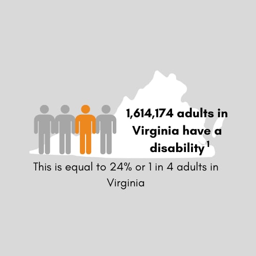 1,606,061 adults in Virginia have a disability. This is equal to 24 percent or 1 in 4 adults in Virginia.