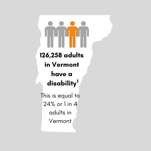 114,332 adults in Vermont have a disability. This is equal to 22 percent or 1 in 5 adults in Vermont.