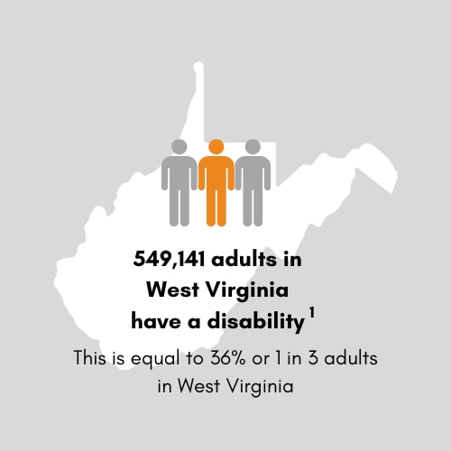 590,961 adults in West Virginia have a disability. This is equal to 39 percent or 1 in 3 adults in West Virginia.