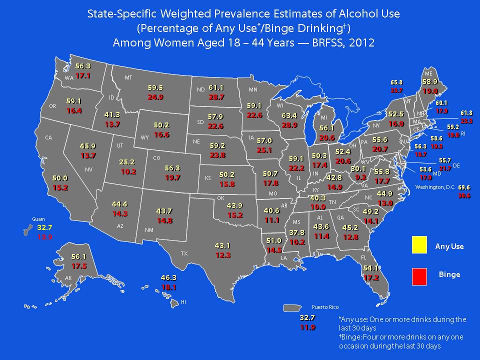 State-Specific Weighted Prevalence Estimates of Alcohol Use Among Women 18–44 Years of Age, Behavioral Risk Factor Surveillance System, 2012