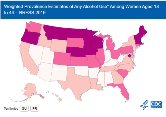 Weighted Prevalence Estimates of Any Alcohol Use* Among Women Aged 18 to 44 – BRFSS 2019