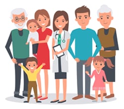 Illustration of large family with doctor