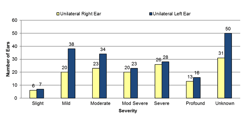 Among unilateral type unknown cases, in the right ear, 6 had slight, 20 had mild, 23 had moderate, 20 had moderately severe, 26 had severe, 13 had profound and 31 had an unknown severity of hearing loss. In the left ear, 7 had slight, 38 had mild, 34 had moderate, 23 had moderately severe, 28 had severe, 16 had profound and 50 had an unknown severity of hearing loss.
