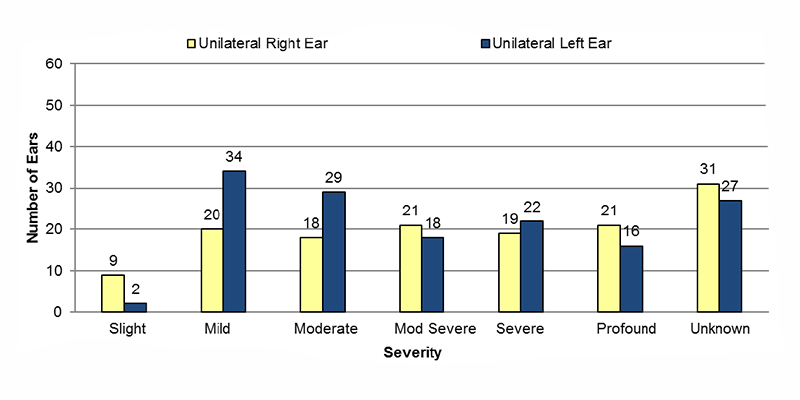 Among unilateral type unknown cases, in the right ear, 9 had slight, 20 had mild, 18 had moderate, 21 had moderately severe, 19 had severe, 21 had profound and 31 had an unknown severity of hearing loss. In the left ear, 2 had slight, 34 had mild, 29 had moderate, 18 had moderately severe, 22 had severe, 16 had profound and 27 had an unknown severity of hearing loss.