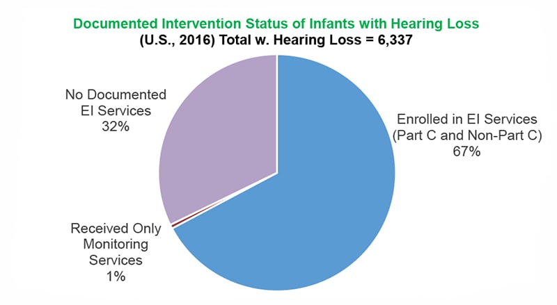 Documented intervention status of infants with hearing loss 2016. Two-thirds of infants were enrolled in Part C and Non-Part C early intervention services. One third had no documented early intervention services.