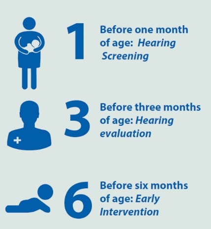 1 Before 1 month of age: Hearing Screening, 3 Before 3 months of age: Hearing evaluation 6 Before 6 months of age: Early intervention