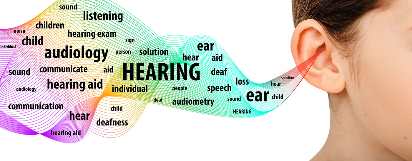 Close up of ear and sound waves, hearing concept