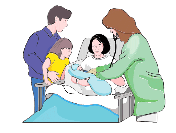 Illustration of mother with family and newborn at hospital
