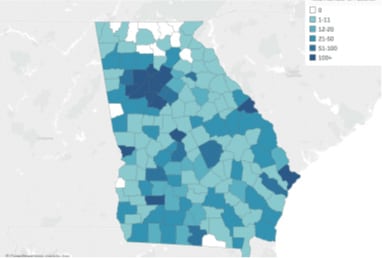 Graphic Map: Map of people with SCD by county, Georgia, 2005.
