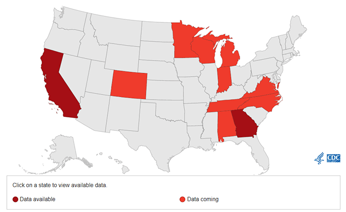 SCDC sites map with the following states shaded: Alabama, California, Colorado, Georgia, Indiana, Michigan, Minnesota, North Carolina, Tennessee, Virginia, Wisconsin. 