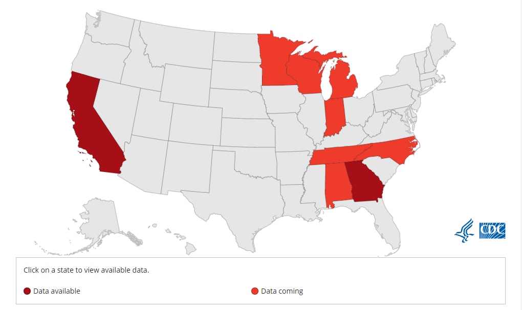 screen grab of nine SCDC states on map. California and Georgia (data available). Alabama, Michigan, Minnesota, Indiana, Tennessee, North Carolina, Wisconsin (data coming)