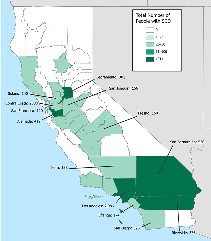Map 1: Number of people with SCD by county of residence, California SCDC Data, 2018