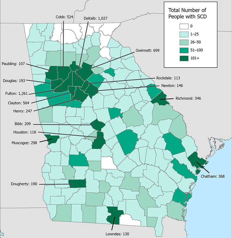 Map 1: Number of people with SCD by county of residence, Georgia SCDC Data, 2018
