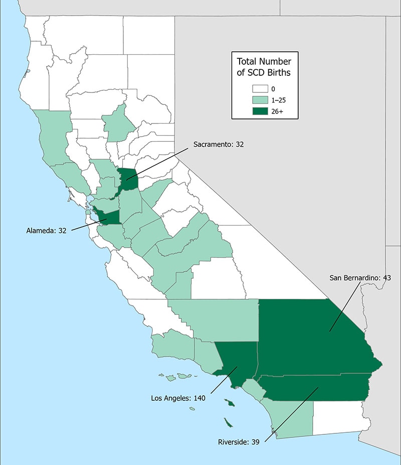 Map 1: Number of SCD births by county of birth, California Newborn Screening Data, 2014–2018