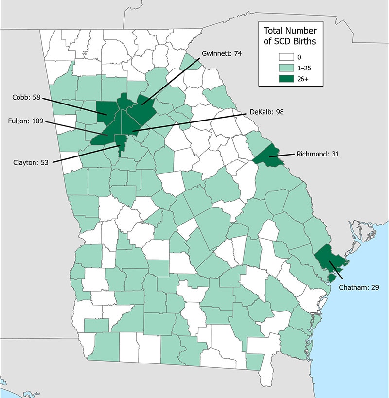 Map 1: Number of SCD births by county of birth, Georgia Newborn Screening Data, 2014–2018