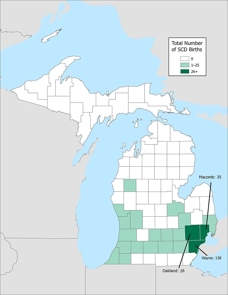 Map 1: Number of SCD births by county of birth, Michigan Newborn Screening Data, 2014–2018
