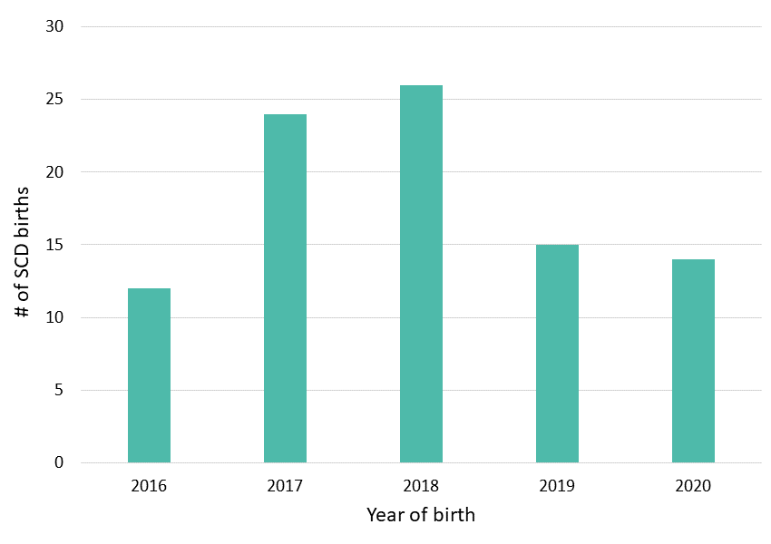 Figure 1: Annual Number of SCD Births, Minnesota Newborn Screening Data, 2016–2020