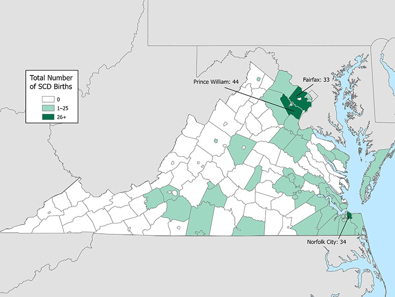 Map 1: Number of SCD births by county/city of birth, Virginia Newborn Screening Data, 2015–2019
