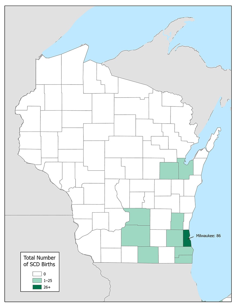 Map 1: About 14% of the counties in Wisconsin had at least one SCD birth during 2016–2020.