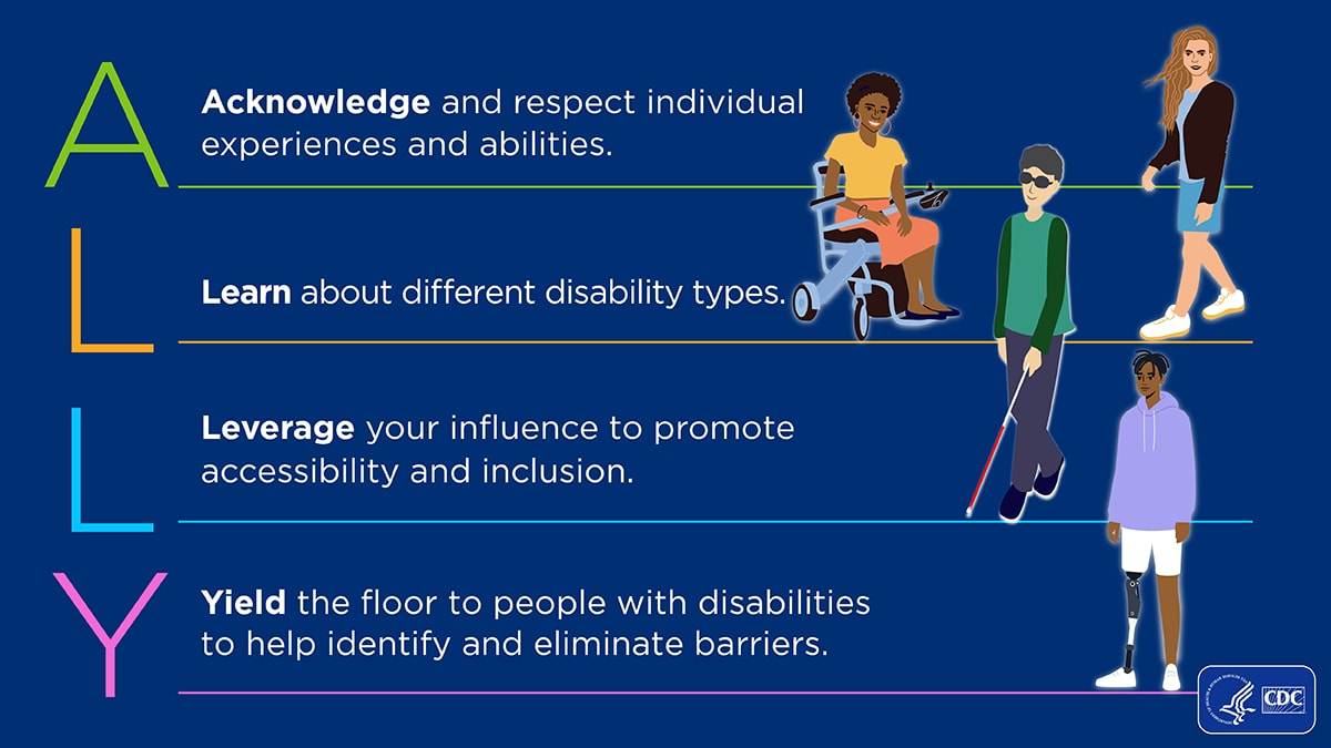 ALLY learn more at the linked page. Illustration of diverse group of people with disabilities.